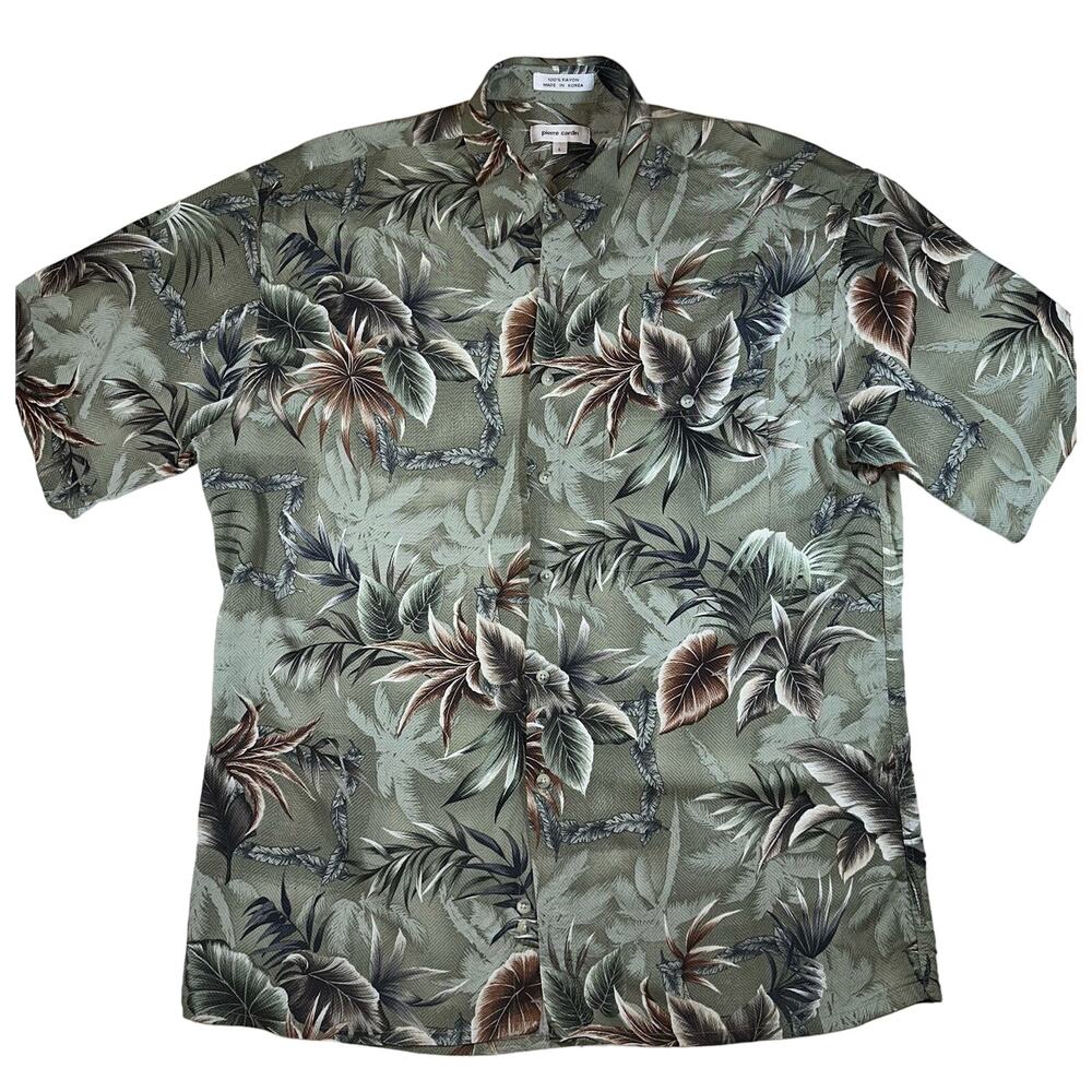 Pierre Cardin Shirt Men Large Green Hawaiian Floral Button Up Short Sleeve Rayon